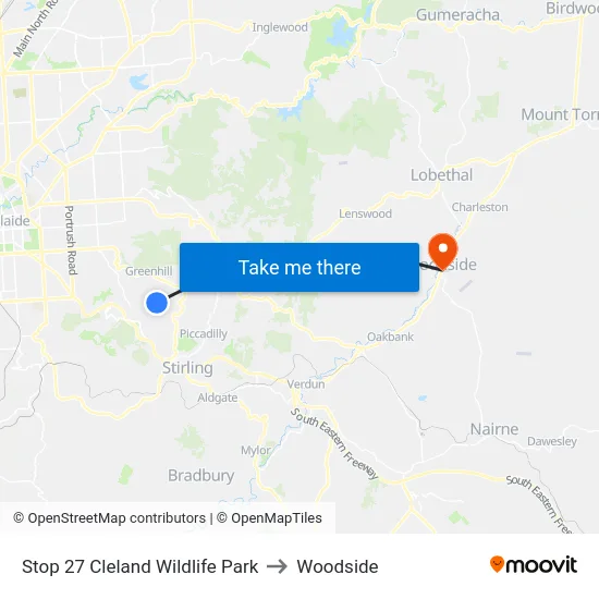 Stop 27 Cleland Wildlife Park to Woodside map