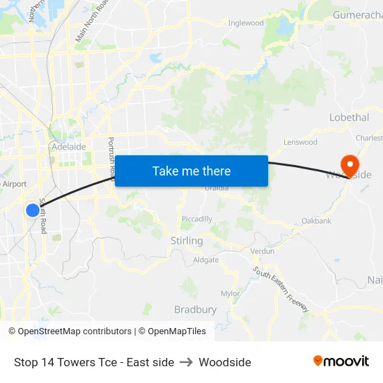 Stop 14 Towers Tce - East side to Woodside map