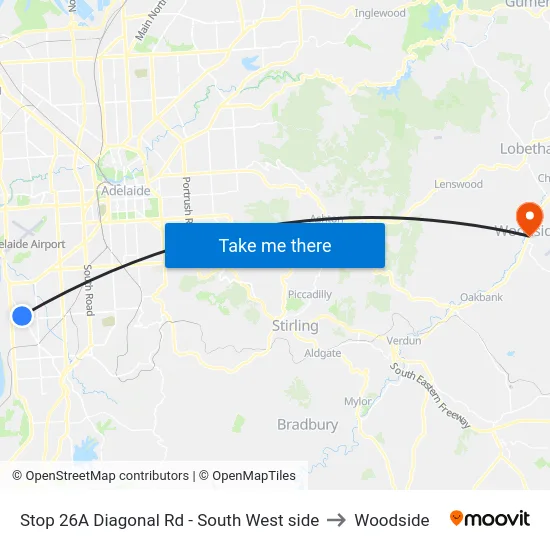 Stop 26A Diagonal Rd - South West side to Woodside map