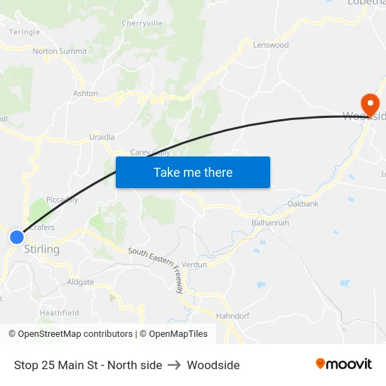 Stop 25 Main St - North side to Woodside map