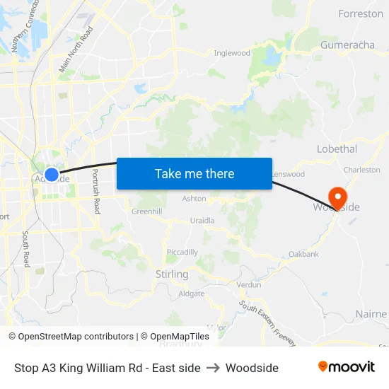 Stop A3 King William Rd - East side to Woodside map
