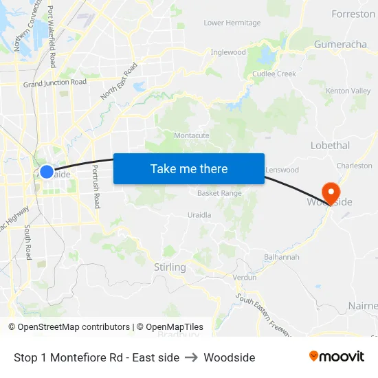 Stop 1 Montefiore Rd - East side to Woodside map