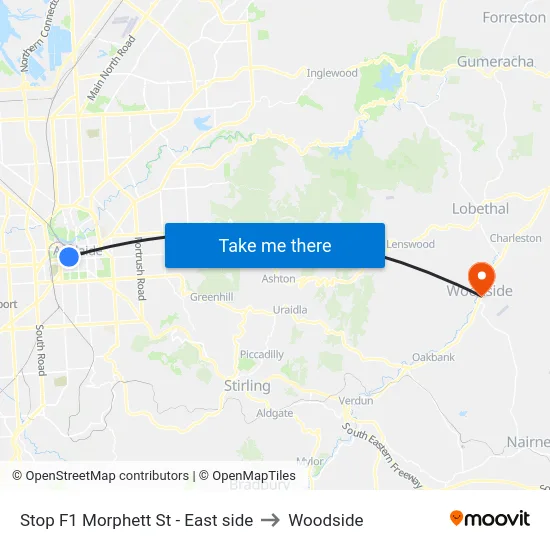 Stop F1 Morphett St - East side to Woodside map