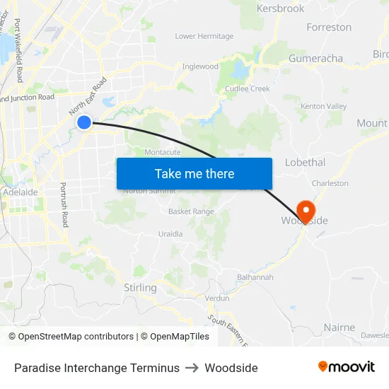 Paradise Interchange Terminus to Woodside map