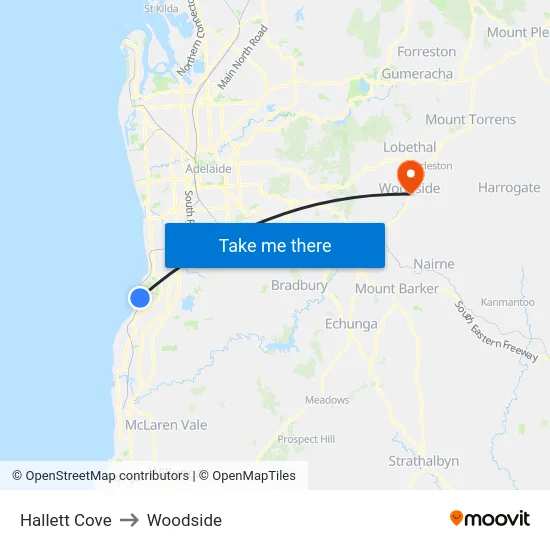 Hallett Cove to Woodside map