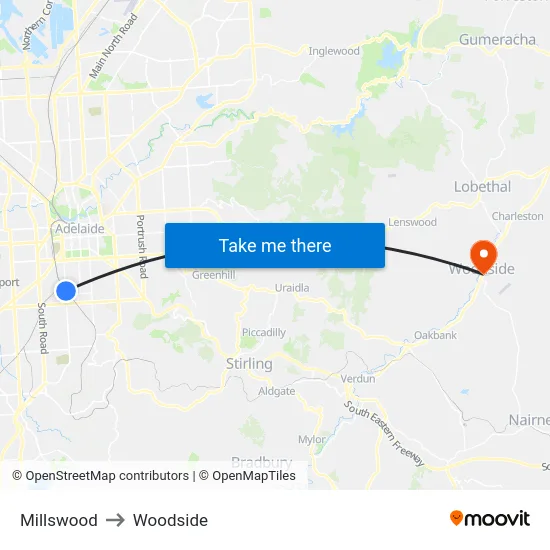 Millswood to Woodside map