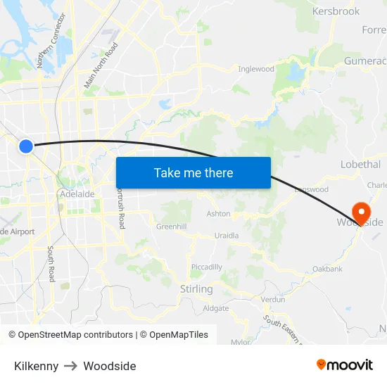 Kilkenny to Woodside map