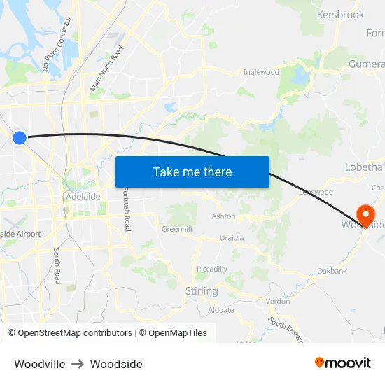 Woodville to Woodside map