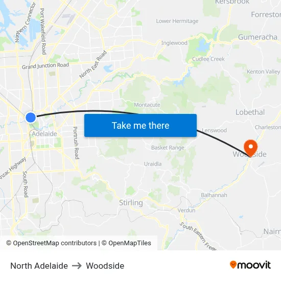 North Adelaide to Woodside map