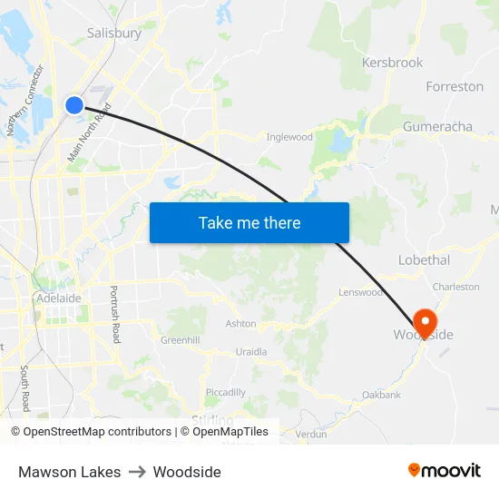 Mawson Lakes to Woodside map