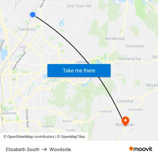 Elizabeth South to Woodside map