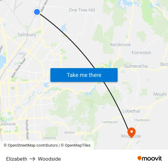 Elizabeth to Woodside map
