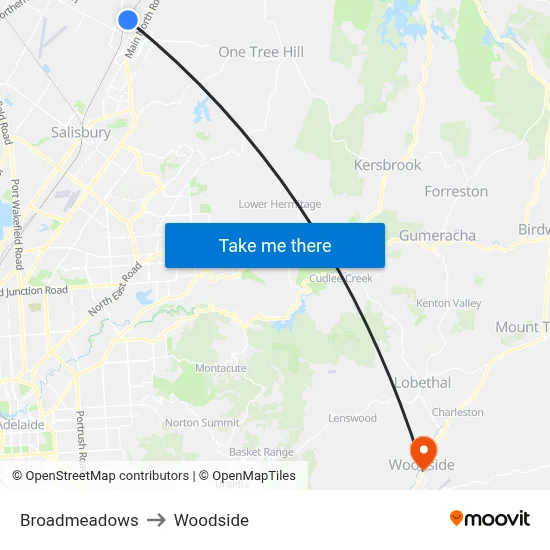 Broadmeadows to Woodside map
