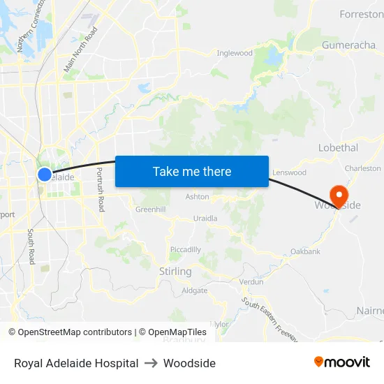 Royal Adelaide Hospital to Woodside map