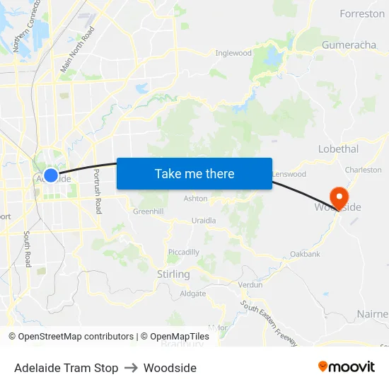 Adelaide Tram Stop to Woodside map