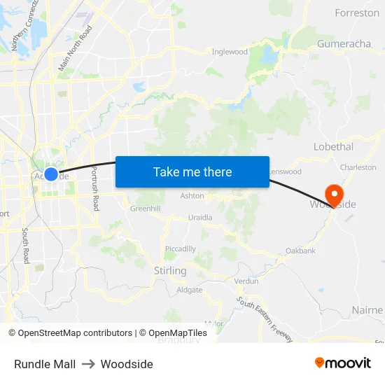Rundle Mall to Woodside map