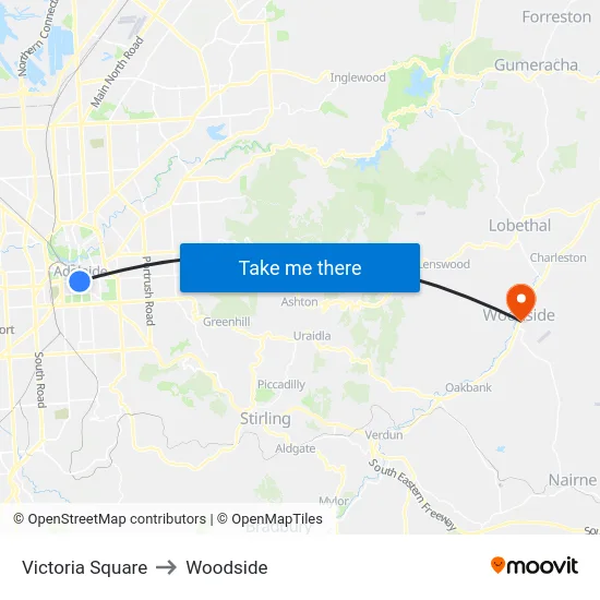 Victoria Square to Woodside map
