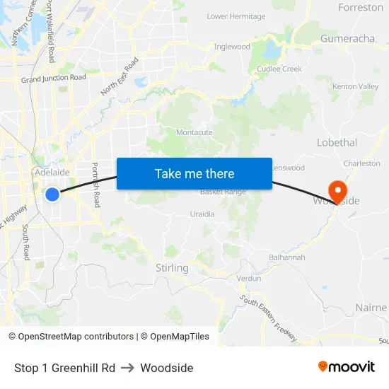 Stop 1 Greenhill Rd to Woodside map