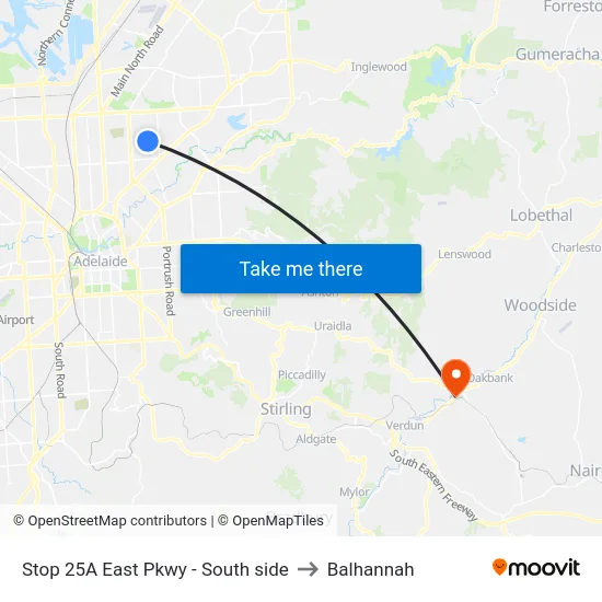 Stop 25A East Pkwy - South side to Balhannah map