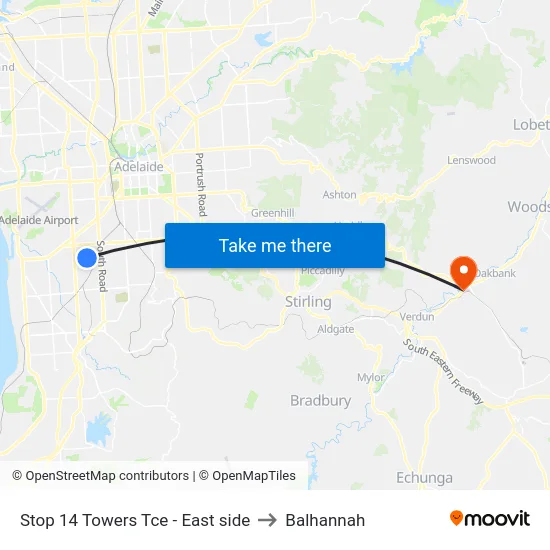 Stop 14 Towers Tce - East side to Balhannah map