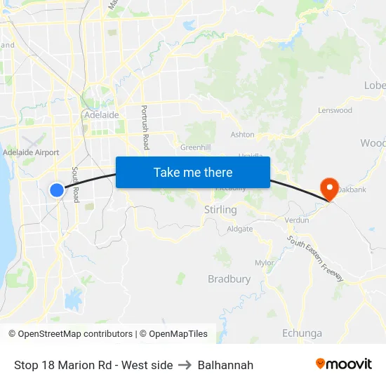 Stop 18 Marion Rd - West side to Balhannah map