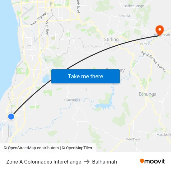 Zone A Colonnades Interchange to Balhannah map