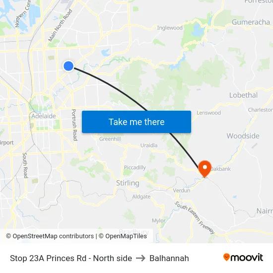 Stop 23A Princes Rd - North side to Balhannah map