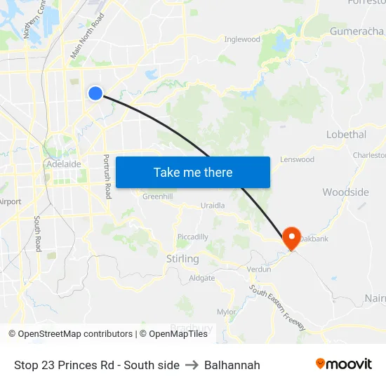 Stop 23 Princes Rd - South side to Balhannah map