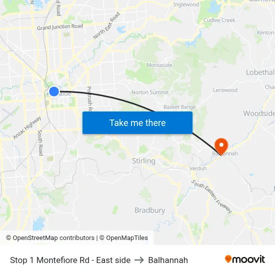 Stop 1 Montefiore Rd - East side to Balhannah map