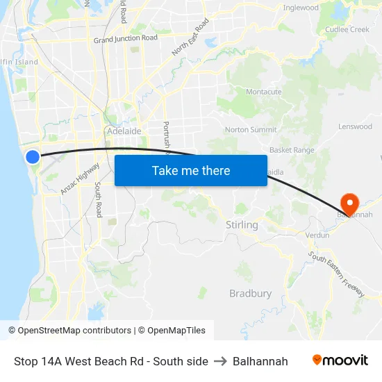 Stop 14A West Beach Rd - South side to Balhannah map