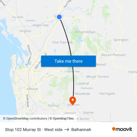 Stop 102 Murray St - West side to Balhannah map