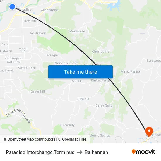 Paradise Interchange Terminus to Balhannah map