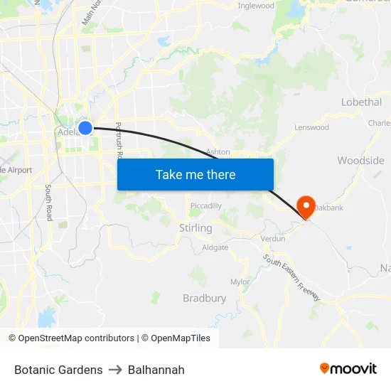 Botanic Gardens to Balhannah map