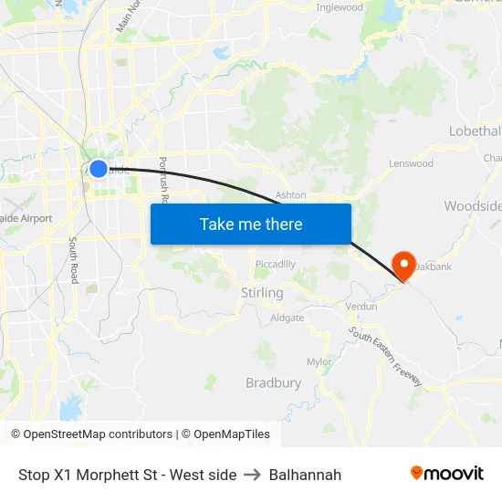 Stop X1 Morphett St - West side to Balhannah map