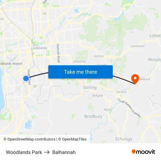 Woodlands Park to Balhannah map