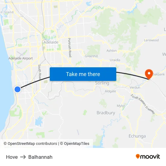 Hove to Balhannah map