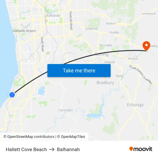 Hallett Cove Beach to Balhannah map