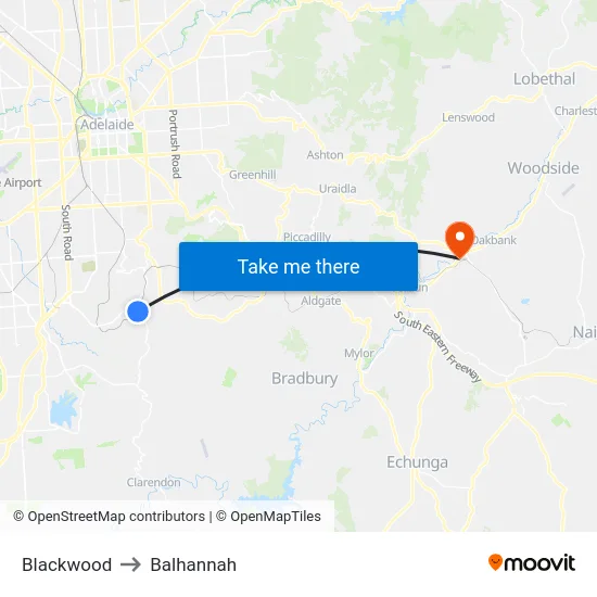 Blackwood to Balhannah map