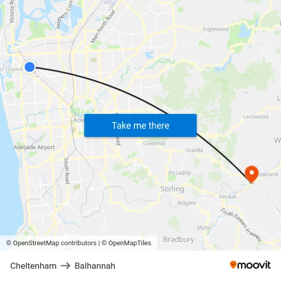 Cheltenham to Balhannah map