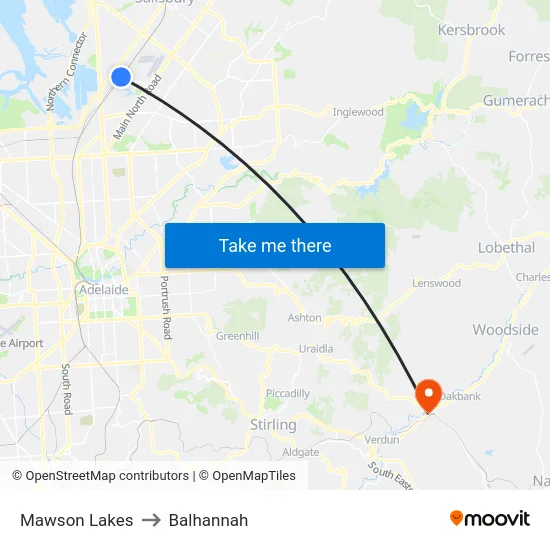 Mawson Lakes to Balhannah map