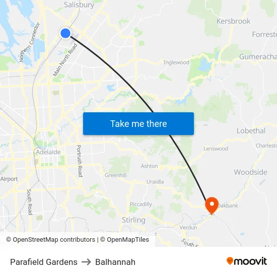 Parafield Gardens to Balhannah map