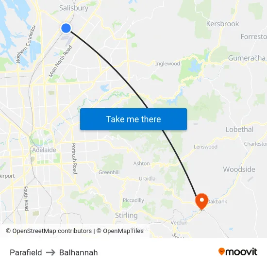 Parafield to Balhannah map