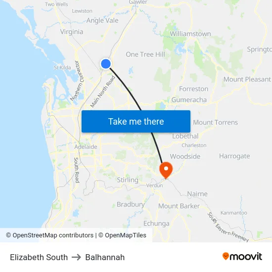 Elizabeth South to Balhannah map
