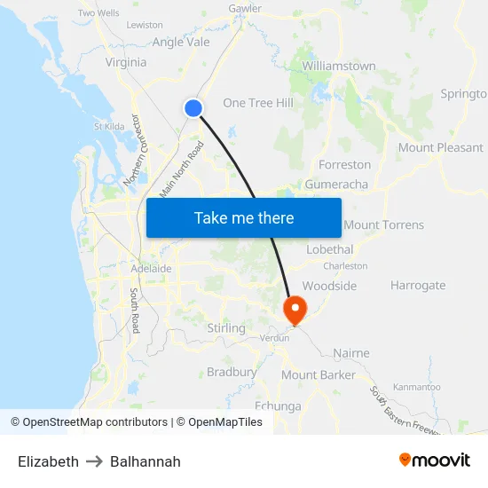 Elizabeth to Balhannah map