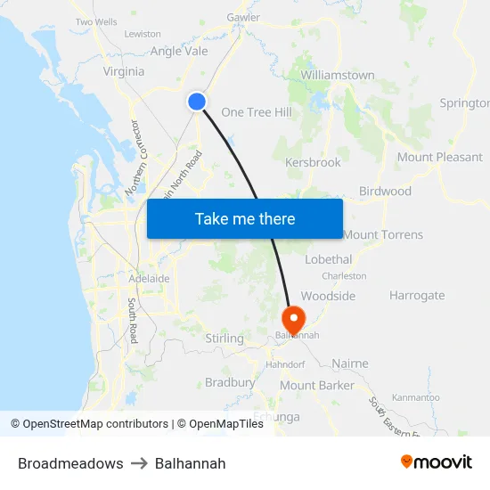 Broadmeadows to Balhannah map