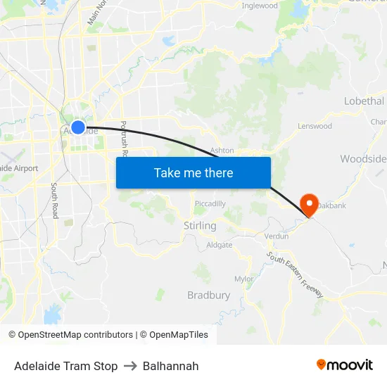 Adelaide Tram Stop to Balhannah map
