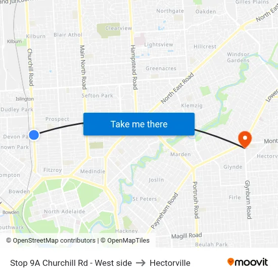 Stop 9A Churchill Rd - West side to Hectorville map