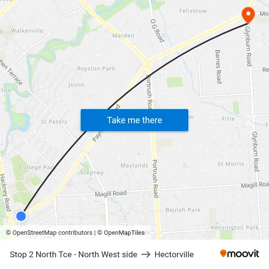Stop 2 North Tce - North West side to Hectorville map