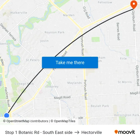 Stop 1 Botanic Rd - South East side to Hectorville map