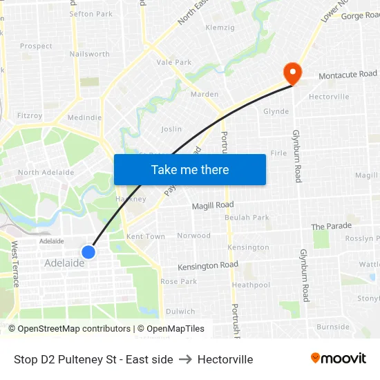 Stop D2 Pulteney St - East side to Hectorville map